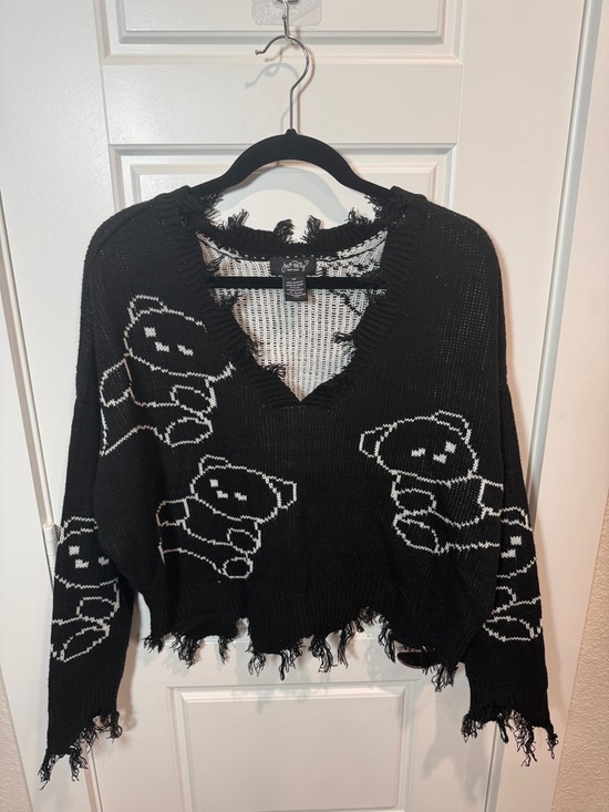 Joyrich Sweaters - Joyrich Black Knit V-Neck Sweater with White Teddy Bear Motif